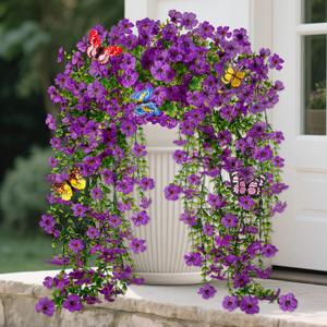 2 Packs Outdoor Artificial Hanging Flowers with 3D Magnetic Butterflies, UV Resistant Faux Silk Blooms for Spring Summer Porch Patio Balcony Decor, Violet