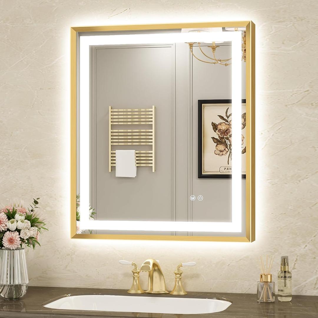 LED Bathroom Mirror 24"x30" Inch Brushed Gold Metal Frame Lighted Bathroom Vanity Mirror with Lights, Brighter Frontlit and Backlit Light up Anti Fog Mirror, 3-Color Dimmable, Memory Function