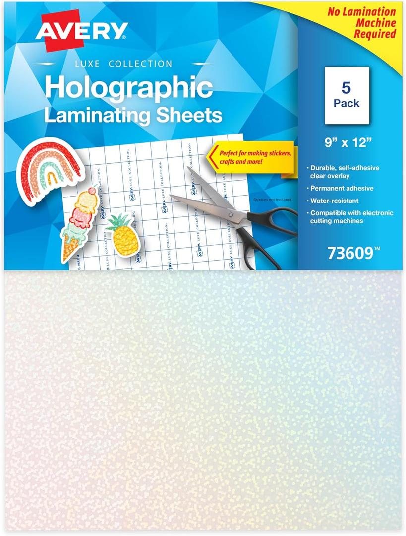 Avery Luxe Collection Holographic Laminating Sheets, Speckled Dots Design, 9" x 12", Self-Adhesive, 5 Holographic Laminate Sheets Total, Great for DIY Stickers, Crafts, and More (73609)