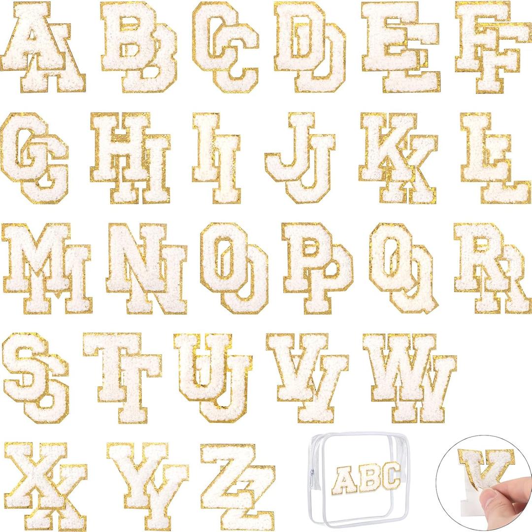 52PCS White Chenille Letter Patches Self Adhesive for Clothing,A-Z Varsity Letter Stickers Embroidered Sew on Repair Patches for Jackets Hats Backpacks,with A Transparent Toiletry Bag