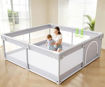 Fodoss Baby Playpen, Upgrade Playpen for Babies and Toddlers, 47x47inch Grey Play Pen for Babies with Hand Pulling Ring, Play Pen Center for Kids,Baby Fence,Kids Playards (4747in)