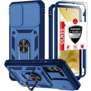 Compatible with Samsung Galaxy S22 Case with 1 Screen Protector,Built-in 360 Kickstand Ring,with Camera Cover Dustproof Shockproof Military Grade Drop Heavy Duty Protection Phone Bumper, Blue
