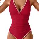 B2prity One Piece Swimsuit for Women Tummy Control Ruched Bathing Suit Push Up Tie Back Swimwear Shell Stitched (Medium, Red, White)