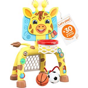 Move2Play, Giraffe Basketball Hoop & Soccer Goal Activity Center | 30+ Sounds & Songs + 5 Lights | 1 2 3 Year Old Birthday Gift for Boys and Girls | Toy for Baby & Toddlers (Yellow)