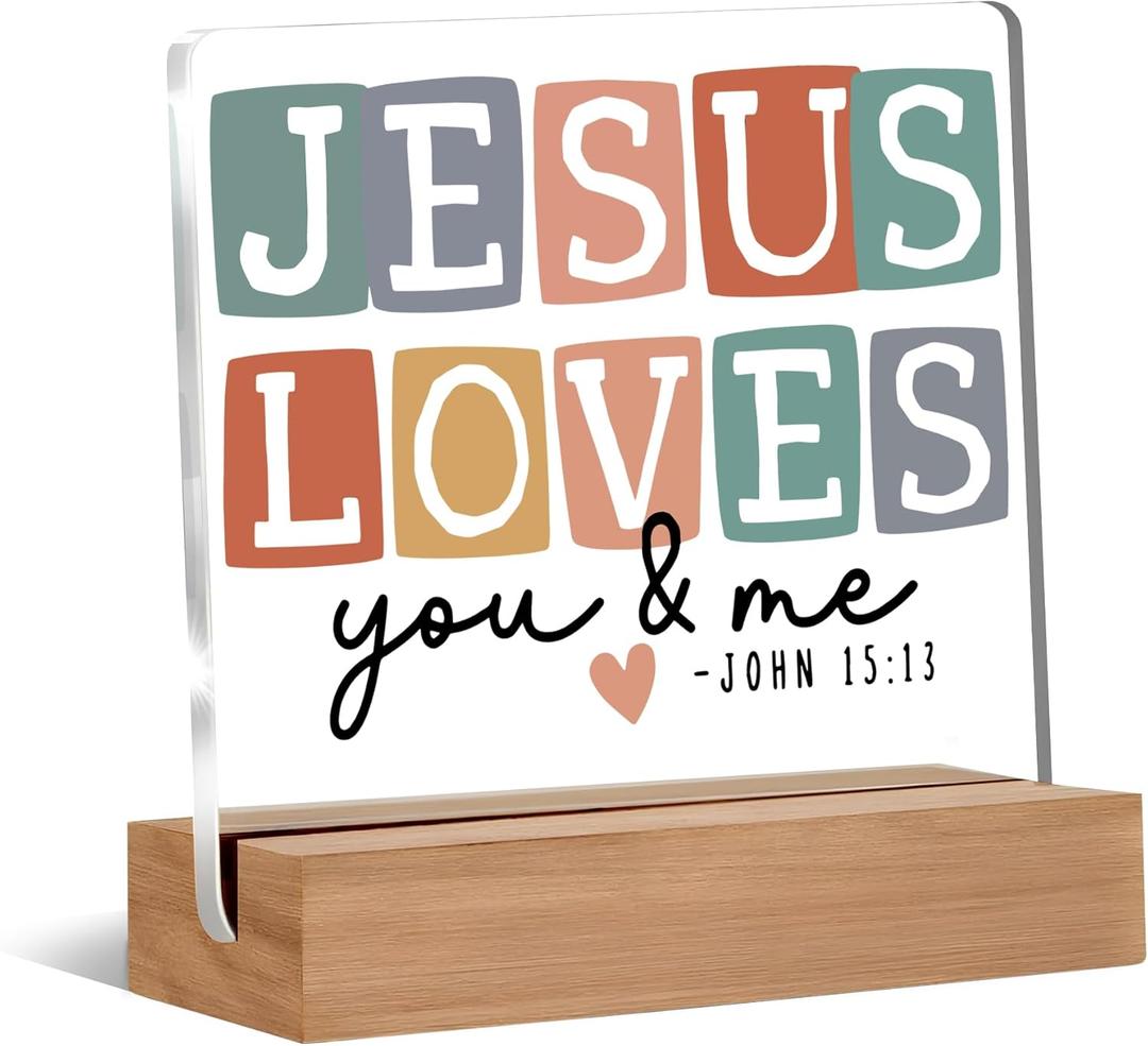 Christian Desk Decor, Jesus Loves You and Me Bible Verse Acrylic Plaque Sign for Home Office Prayer Room Desk Tabletop Decor, Christian Jesus Gifts for Women Men, 4x4 Inch