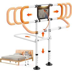 Zelvia Bed Rails for Elderly Adults Safety with Motion Light & Storage Pouch - Retractable & Foldable Bed Handrails Assist Bedrails for Seniors, Surgery Patients & Handicap-White&Orange