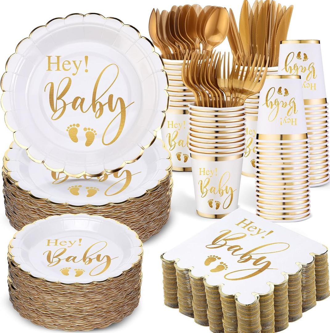 Yungyan 400 Pcs Baby Shower Dinnerware for 50 Guest Baby Shower Paper Plate Napkin Set Gender Reveal Plate Napkins Cup Footprint Disposable Knives Fork Spoon Gender Reveal (Gold,Hey)