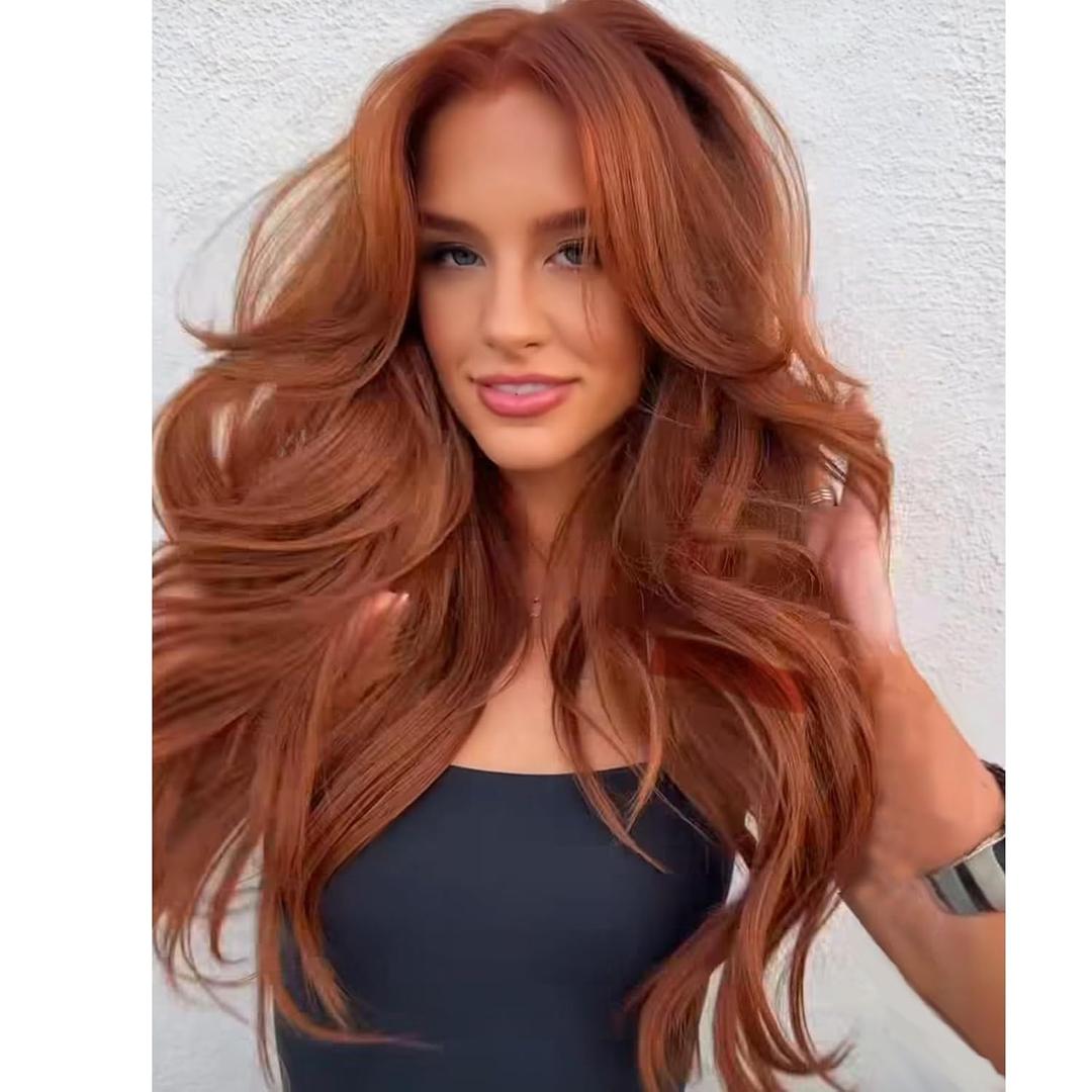 Aisaide Auburn Wig with Bangs Long Wavy Copper Red Layered Wig with Curtain Bangs for White Black Women,Synthetic Reddish Brown Layered Long Wavy Shaggy for Women 24inch (350Y#)