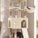 Cat Tree, 61 Inch Tall Cat Tower, Diamond-Shaped Cat Condo with Wide Top Perch & Basket, Sturdy Scratching Post, Interactive Toy for Large Indoor Cats, Beige VCT001MJ