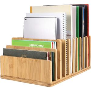 Bamboo Desk Shelf Mail Organizer,Wood 10 Slots Desk Organizers and Accessories for Document Book Mail Paper Bill Filing Tray Organizer, Office Organization File Binder Folder Holder Sorter for Desk