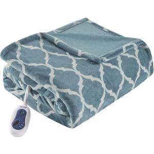 Beautyrest Ogee Printed Plush Electric Blanket for Cold Weather, Fast Heating, Auto Shut Off, Virtually Zero EMF, Multi Heat Setting, UL Certified, Machine Washable, Teal Oversized Throw 60x70