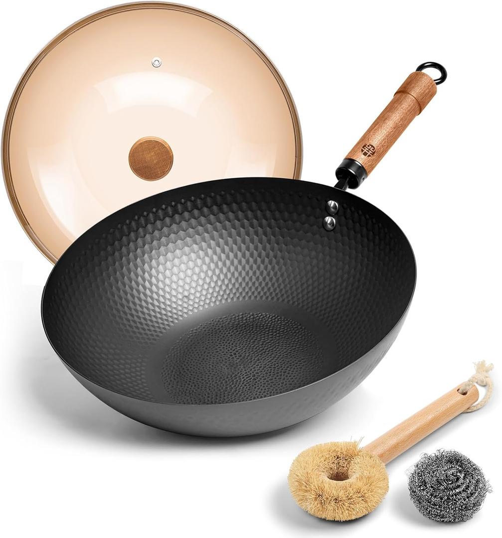 WANGYUANJI 12.6-Inch Wok Pan with Lid, Flat Bottom Wok with Detachable Wooden Handle, Compatible with All Stovetops