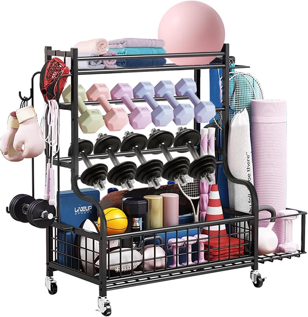 Dumbbell Rack, Weight Rack for Kettlebells, Storage Holder for Yoga and Workout Equipment, Home Gym Storage Rack with Wheels,Hooks and Mesh Top (280lb)