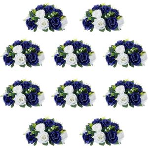 10Pcs Fake Flower Ball Arrangement Bouquet, 9.5" 15 Heads Plastic Roses with Base,Suitable for Parties Valentine's Day Wedding Centerpiece Flower Rack and Home Dcor (Navy Blue & White)