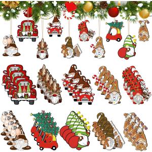 Leinuosen 50 Pcs Vintage Christmas Wood Ornaments Christmas Santa Gnome Red Truck Wooden Hanging Ornaments Victorian Rustic Farmhouse Tree Decorations for Xmas Tree Decoration Party Supplies