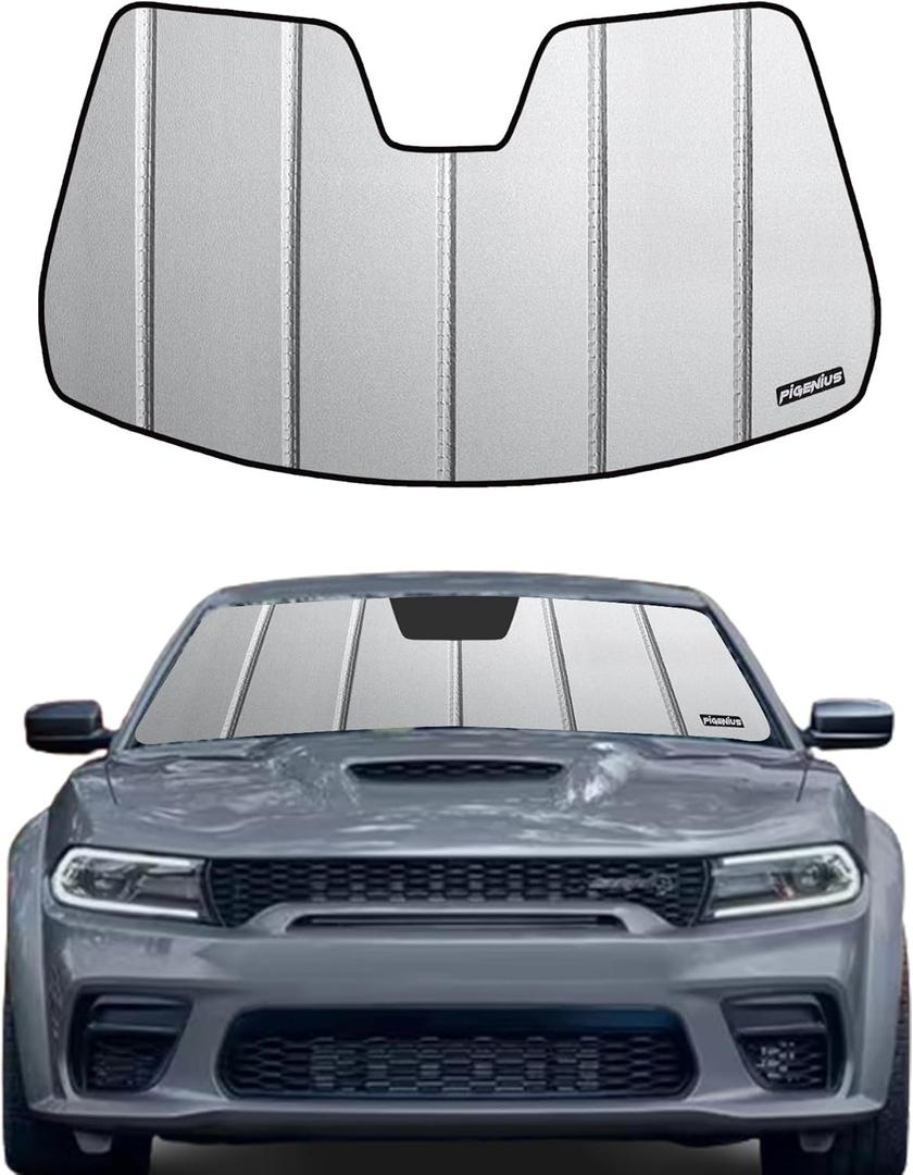 Windshield Sun Shade for Dodge Charger 2011-2023 with Rearview Mirror Mounted Camera - Safeguard (With Rearview Mirror Mounted Camera, Grey(Safeguard))