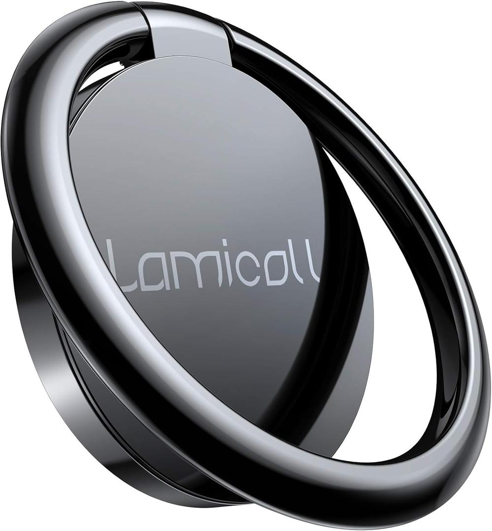 Lamicall Cell Phone Ring Holder Stand - Phone Finger Gip Kickstand, 360 Rotation Polished Metal Grip for Magnetic Car Mount, Compatible with iPhone 16/15/14 Pro Max, Android Smartphone Accessories (Black-01)