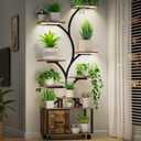 65" Indoor Plant Stand with Grow Lights, Tiered Metal Plant Shelf with Wheels and Drawer, Plant Storage Rack for Home Decor  Brown