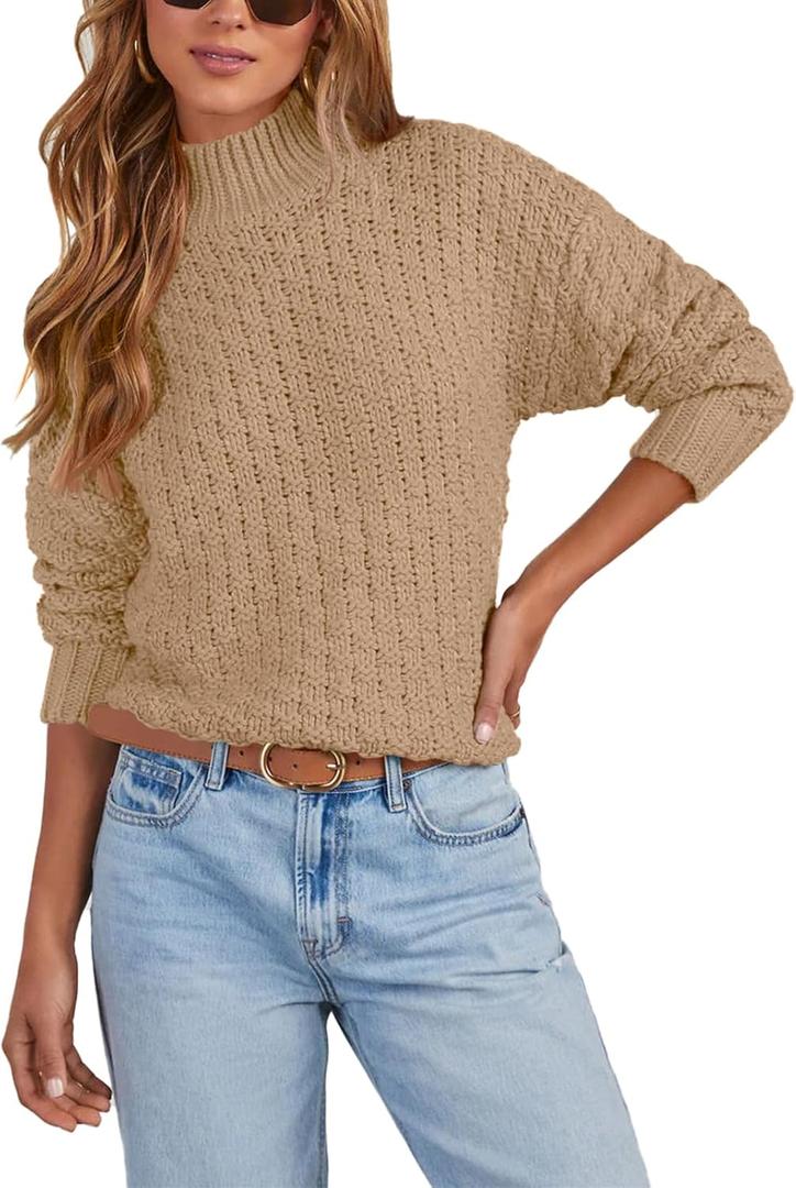 Women's Textured Mock Neck Knit Sweater Long Sleeve Turtleneck Sweater 2024 Fall Winter Chunky Knitted Pullover Jumper Tops (XX-Large, Khaki)
