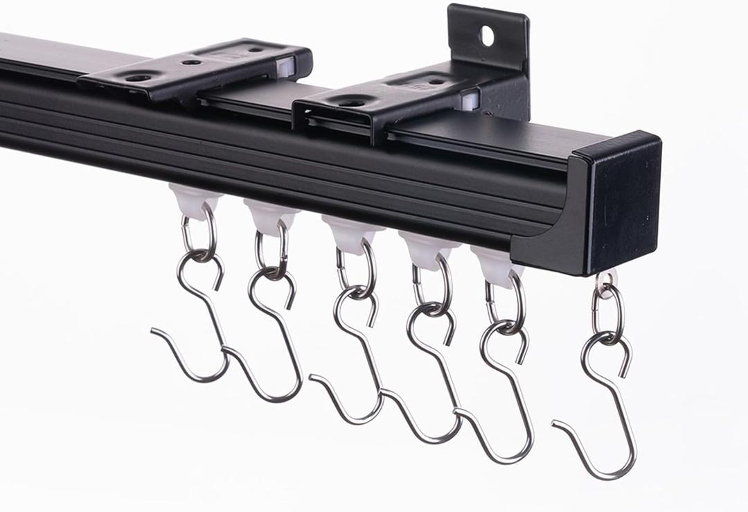 Ceiling Curtain Track 6ft to 9ft, Adjustable Curtain Track Ceiling/Wall Mount, Heavy Duty Aluminum Curtain Track Rods with Roller Hooks - Curtain Rail System for Grommet/Pleated Drape, Black