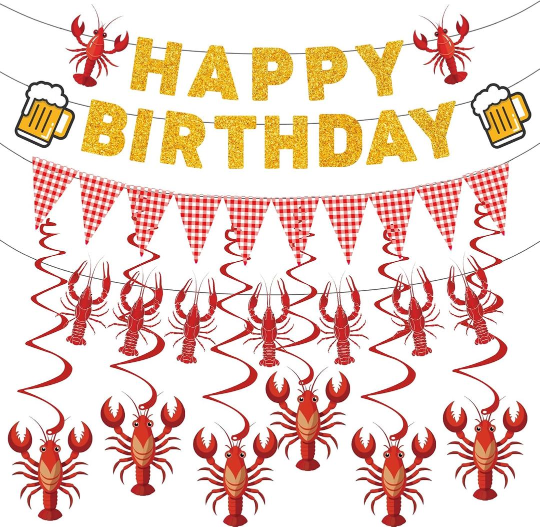 Crawfish Boil Birthday Party Decorations,Glitter Gold Happy Birthday Banner with Hanging Swirls for Lobster Seafood Boil Themed Party Decor Supplies