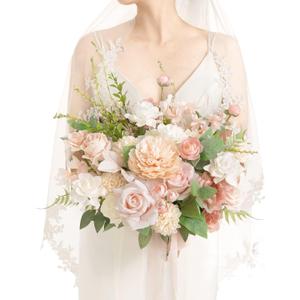 Ling's Moment Blush Pink Wedding Bouquets for Bride, Blush and Cream Bridal Bouquets for Bride, 15 Inch Free Form Artificial Wedding Flower Bouquet (Medium 15 Inch, Pk-blush)