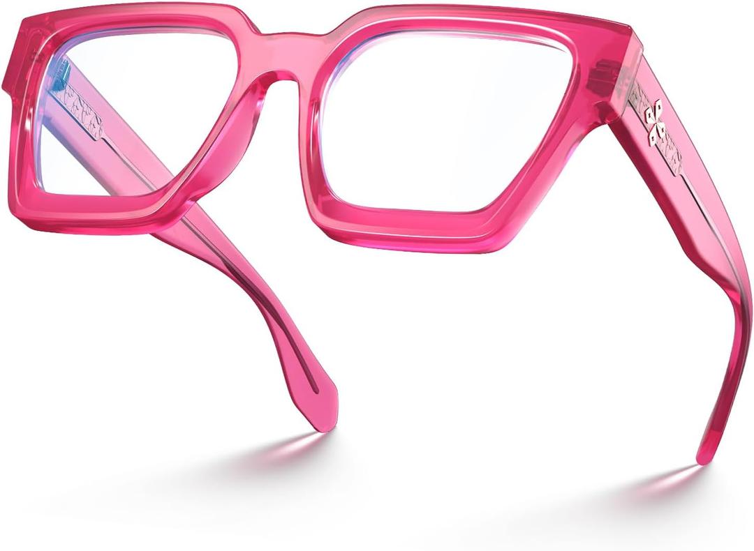 VISOONE Blue Light Blocking Glasses with TR90 Rectangle Frame and Chic Preppy Look for Women Men RIVER (Cerise Pink)