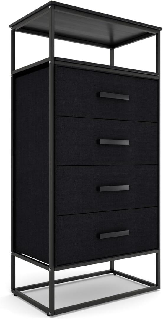 tinge Zana Premium Fabric Dresser - Strong Metal Frame, 4 Spacious Sag-Proof Drawers & Sturdy Wooden Top Shelf - Premium, Sleek & Durable Storage Solution for Your Home (Black)