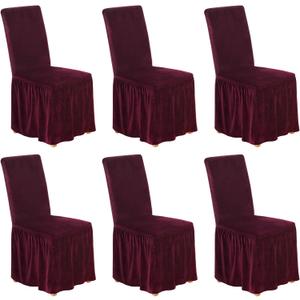 NICEEC Spandex Chair Covers for Dining Chairs Covers Set of 6 Removable Dining Room Chair Covers with Skirt Parson Chair Slipcovers Washable Chair Protector for Kitchen Wedding Party(Wine Red)