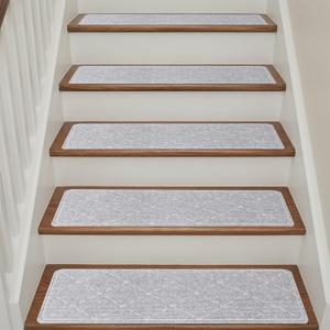 Stair Treads Non Slip for Wooden Steps Indoor, 15 Pack 9" X 28" Carpet Runners for Wood Stairs with Self-Adhesive Backing, Stickiness Stair Rugs for Kids Elders and Dogs, Diamond Light Grey