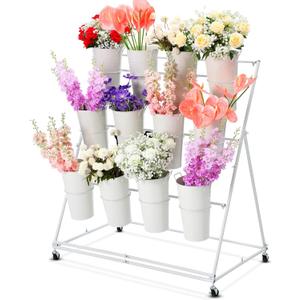Ninehaoou Flower Display Stand with Buckets 3 Layers, White, 1 Set | Metal Flower Display Cart Stand Holder 43 Inch Tall Moving Florist Bouquet Shelf for Plant Bar Shop Patio Garden Outdoor