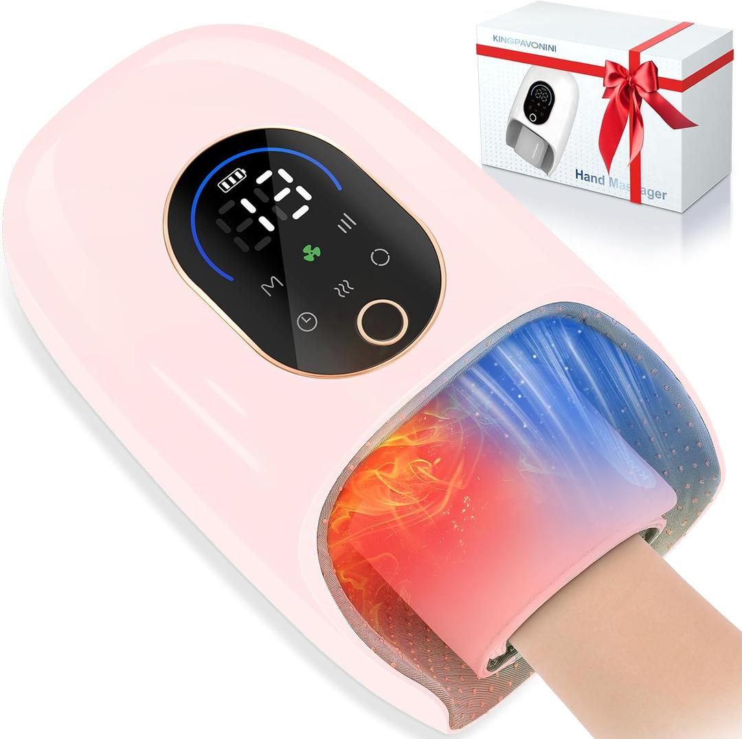 KingPavonini Hand Massager with Heat and Compression, Wrist Heating & Air-Compression, Palm Rolling, Cooling Fan, Cordless Wrist and Hand Massager for Arthritis and Carpal Tunnel, Gift for Women Men (Pink)