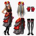Hercicy 4 Pcs Halloween Day of The Dead Costum for Women Skeleton Mexican Lady Skull Outfit Dress Headpiece Glove Sock L