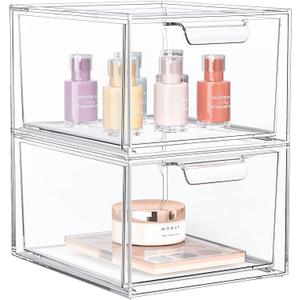 2 Pack Stackable Makeup Organizer and Storage, Acrylic OrganizersClear Plastic Storage Drawer with Handles for Vanity, Undersink, Kitchen Cabinets, Pantry