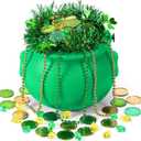 Sratte 308 Pcs St Patrick's Day Candy Cauldron Kettle with Handle Set, Pot of Gold Shamrock Coin Gem Leprechaun Clover Necklace Lucky Jewelry Treasure for Table Decor Centerpiece(Retro,Green)
