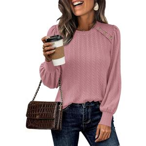 KIRUNDO Long Sleeve Shirts For Women 2025 Fall Trendy Textured Knit Going Out Tops Casual Dressy Crewneck Work Blouse Tunic (Small, Pink)