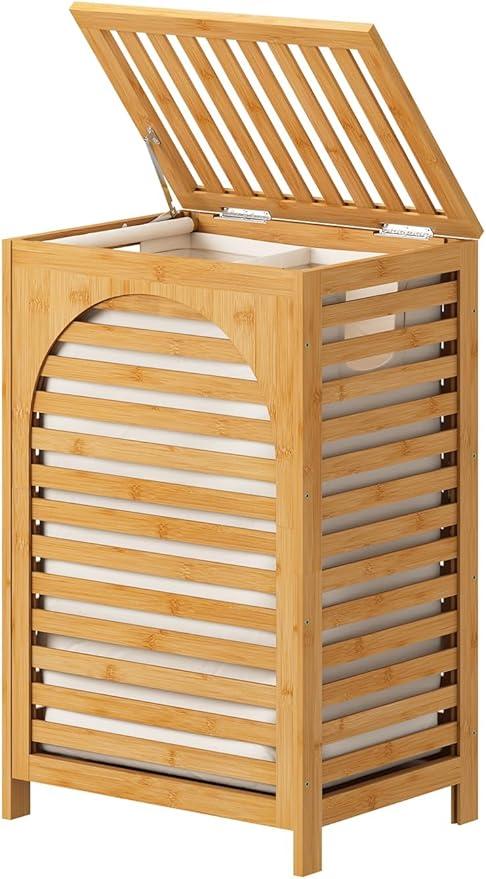 Laundry Hamper, 22.5 Gallon (85L) Bamboo Wood Clothes Laundry Basket with Lid and Handles, Removable Liner (Natural, Large)