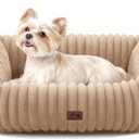 Washable Dog Bed for Small Medium Dogs - Rectangle Orthopedic Corduroy Fleece Pet Bed with Removable Cover and Nonskid Bottom, Calming Puppy Bed Soft Pet Sofa, Camel(20x19x6inches)