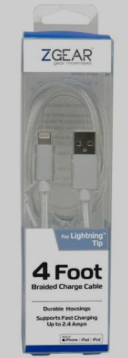Zgear 4 foot Braided Charge Cable, White