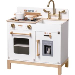 ROBOTIME Play Kitchen for Toddlers, Wooden Kids Play Kitchen Playset with Real Lights & Sounds/Ice Cube Dispenser, Pretend Play Montessori Toy Kitchen, Gift for Ages 3+, 21.8 x 11 x 31 inches