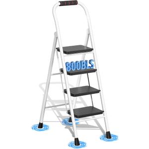 4 Step Ladder, Folding Step Stools with Safe-Lock Design & Handrail, Step Stool Foldable with Anti-Slip Pedal and Feet, Sturdy Steel Ladder for Multi-Purpose, 800lb, White