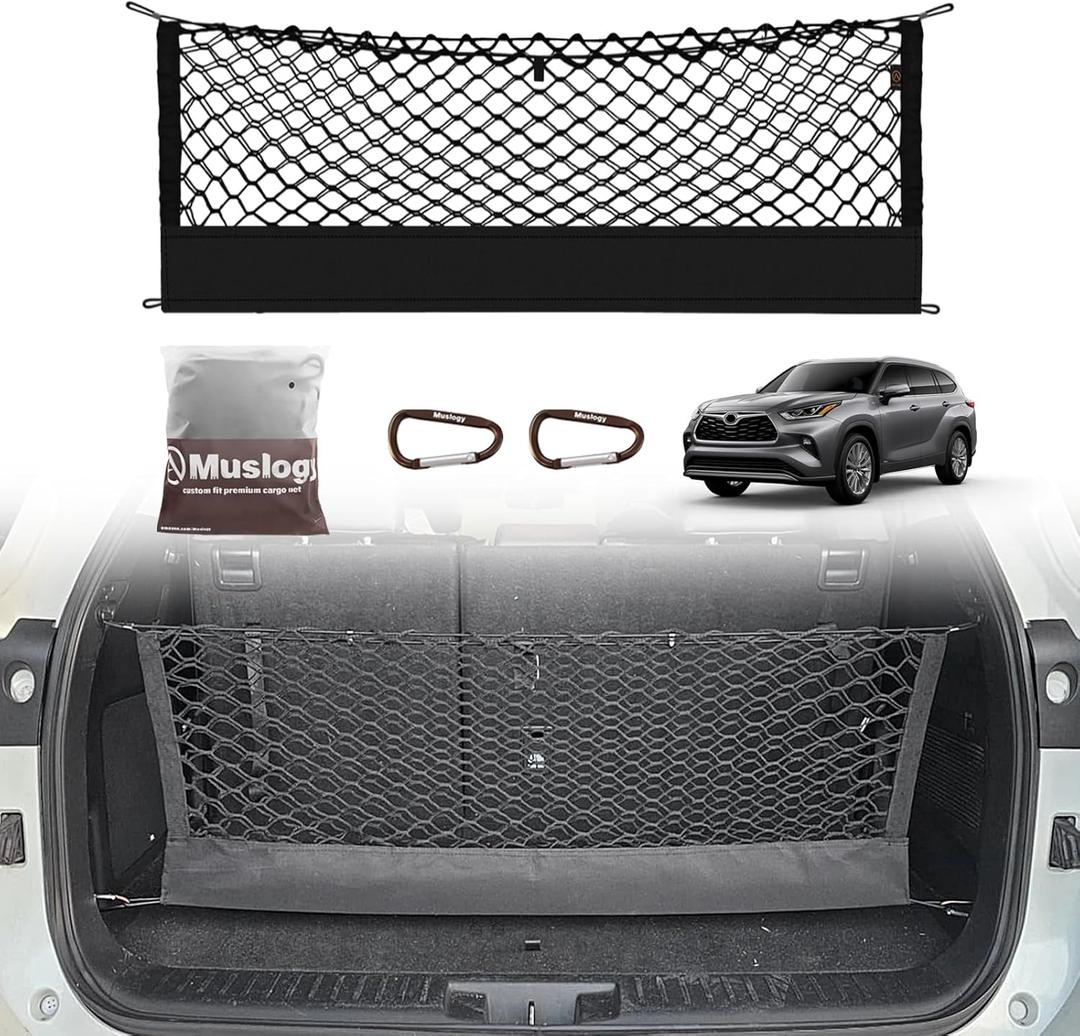 Muslogy Truck Bed Cargo Net Trunk Netting Compatible with 2014-2025 2026 Toyota Highlander Accessories, Pickup Cargo Organizer SUV Sedan Storage Net w/Heavy Duty Carabiners