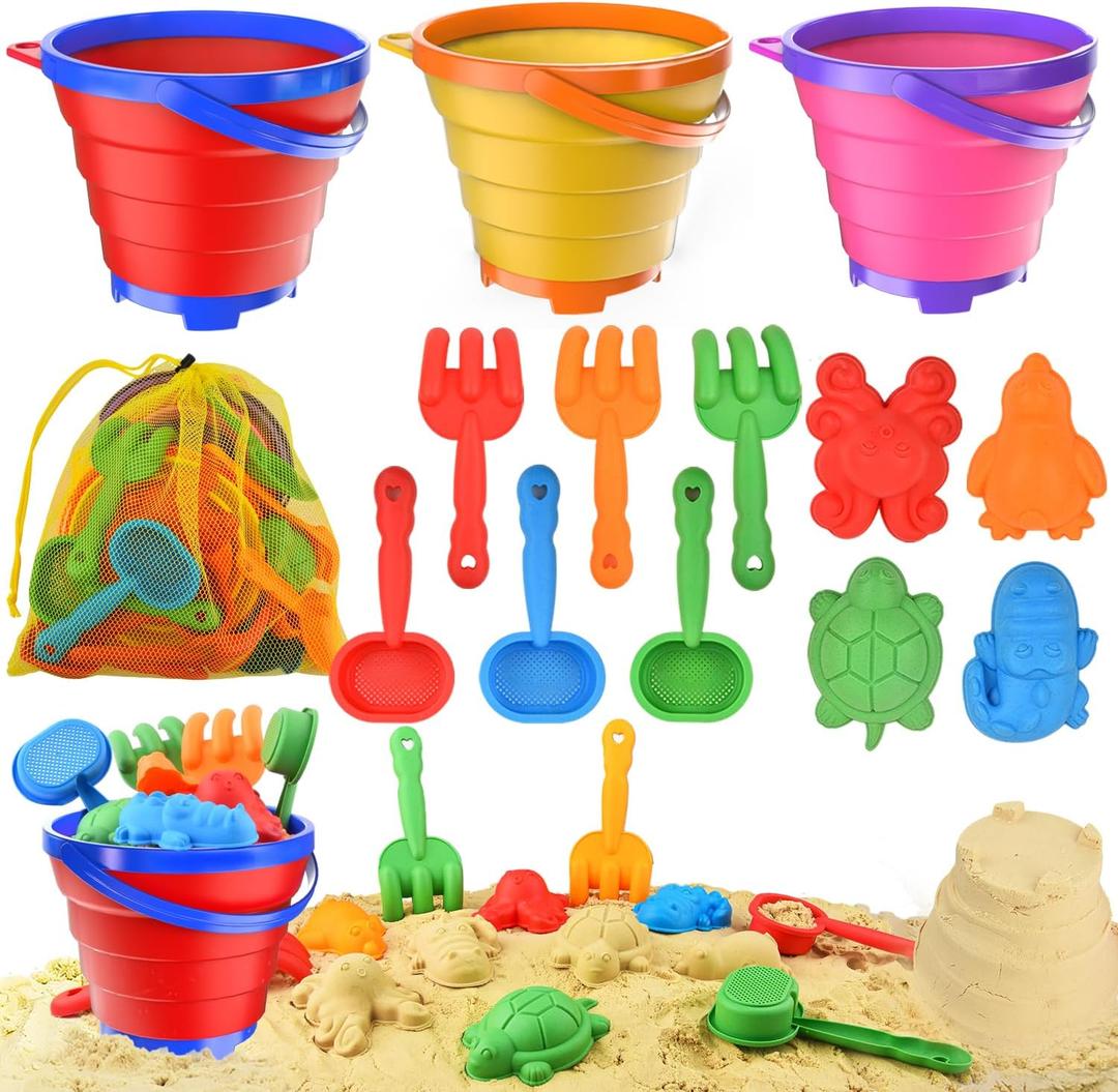 Collapsible Beach Toys for Toddler,Sandbox Toys for Kids 3 Packs Foldable Buckets with Sand Molds,Shovels&Mesh Bag for Beach Summer Outdoor Activities,Travel Sand Toys for Kids Boys Girls
