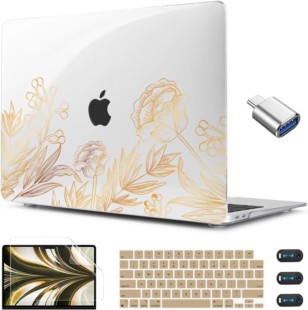 CISSOOK for MacBook Air 13.6 inch Case A3449 A3240 A2681 A3113 Release 2022 2023 2024 2025 2026, Plastic Hard Shell Case Keyboard Cover for MacBook Air 13 inch M2 M3 M4 M5, Gold Floral Blossom