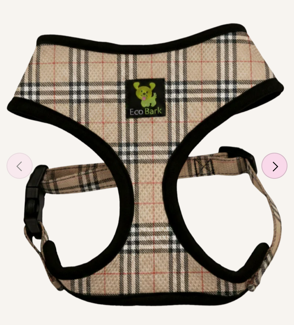 EcoBark Step in Dog Harness  EcoFriendly Teacup Dog Harnesses for XXS, XS, and Small Dogs  Reflective and Adjustable Mini Body Halter Vest Tiny Soft Mesh Toy Breed Harness (Beige Plaid, XXS)