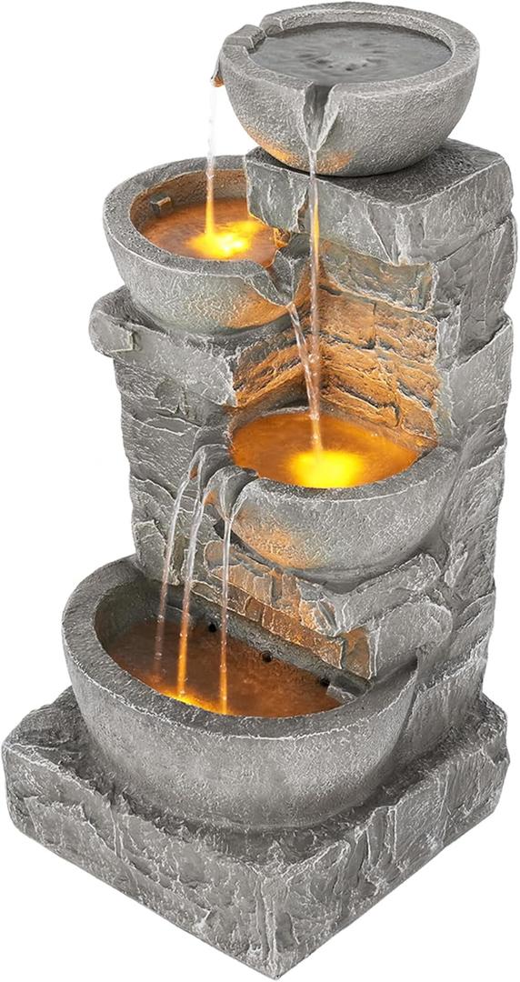 Teamson Home 33.25 in. Cascading Bowls and Stacked Stones LED Outdoor Water Fountain for Gardens, Landscaping, Patios, Balconies, and Lawns for a Calming Oasis in Outdoor Living Spaces, Stone Gray