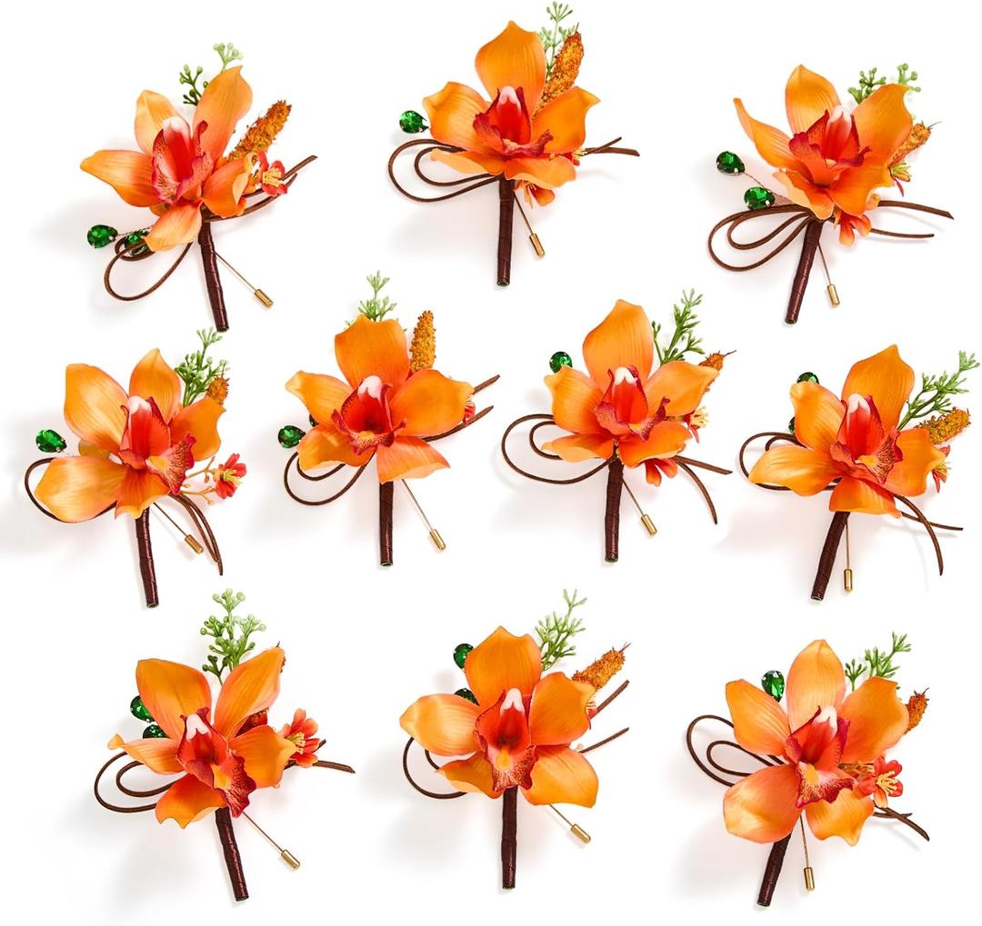 Serwalin 10Pcs Boutonniere for Men, Orange Groom and Best Man Boutonniere, Artificial Flowers for Wedding Decor Prom Homecoming Ceremony Anniversary Formal Dinner Party