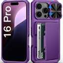 For iPhone 16 Pro Case with Camera Cover, Built-in Credit Card Holder (4-5 Cards), Military Grade Protection, Heavy Duty Women Men Protective Wallet Phone Case for iPhone 16 Pro, Dark Purple