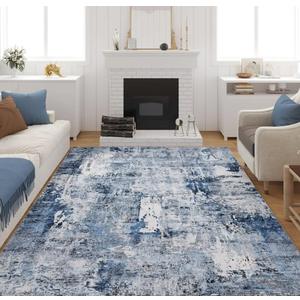Rugcomf 8x10 Rug Washable Boho Rug Soft Large Area Rug Non-Slip Non-Shedding Faux Wool Vintage Rug for Living Room, Farmhouse, Dining Room, Indoor, Kids Playroom, Blue