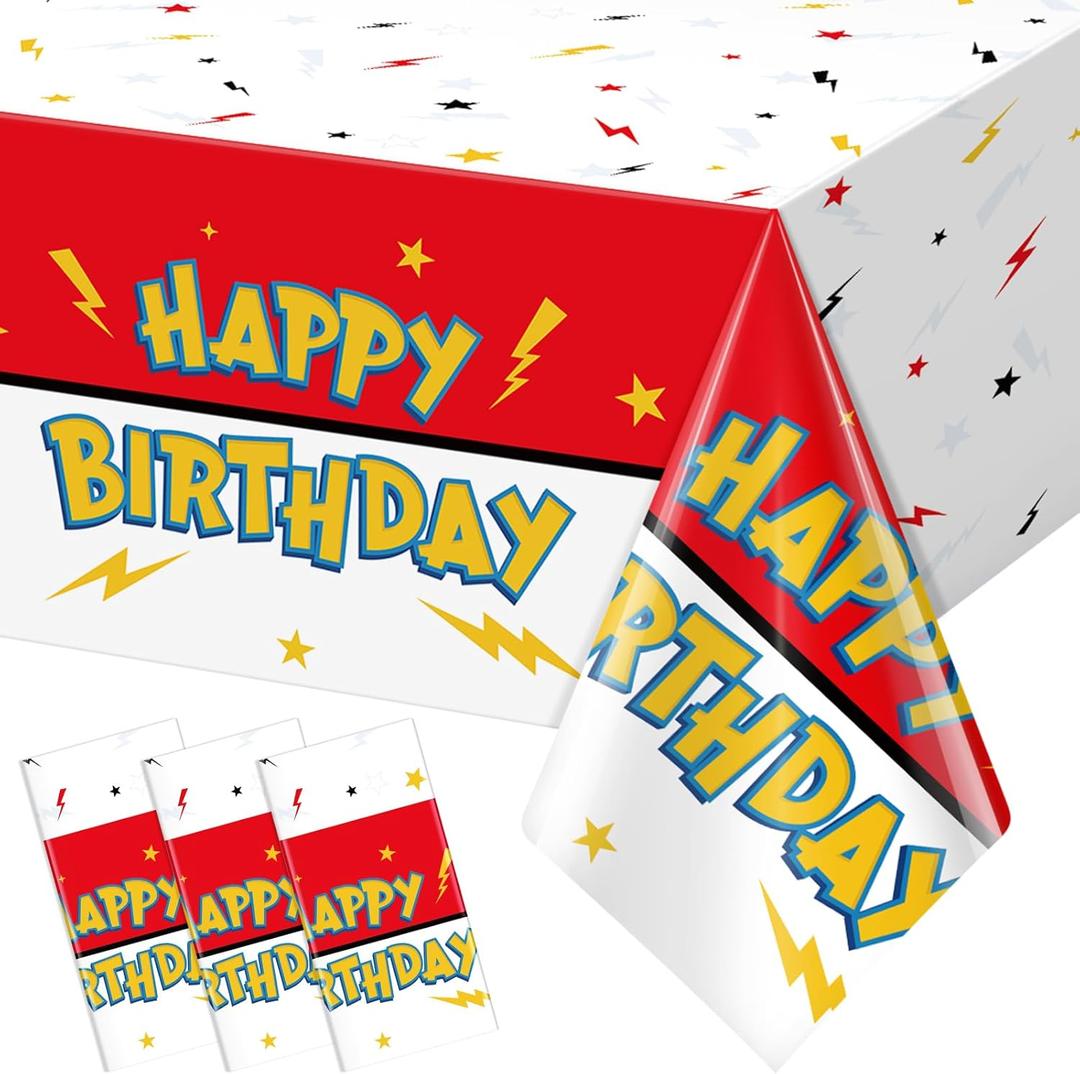 3 Pack Red White Birthday Tablecloth Party Decorations, Lightning Bolts Plastic Table Cloth, Disposable Cartoon Table Cover for Kids Birthday Baby Shower Party Supplies Decorations, 54 x 108
